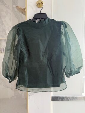 CeCe Dark Green Puff-Sleeve Organza Blouse xs